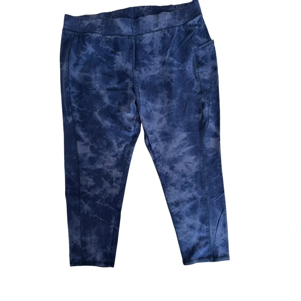 Tie Dye Leggings Blue 2X High Rise Crop with Side Pockets Capri Athletic Pants